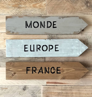 Flèches décoratives en bois, peintes dans des tons beiges et bois, texte noir indiquant "Monde", "Europe" et "France"