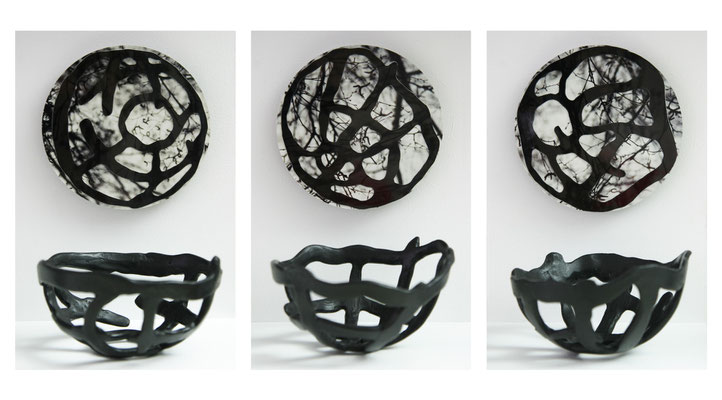 NUDO I-III, Steinzeug, Acrylfarbe, Bienenwachs, Keramik-Fotoscherenschnitt-Objekt, 2013