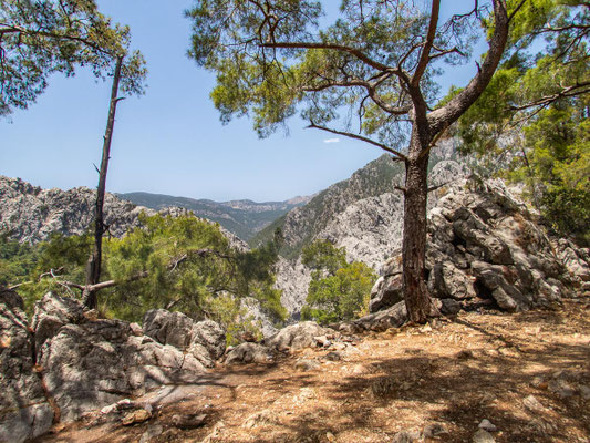 Mehrtagestrekking auf dem Lykischen Weg in der Türkei - wandern fernab der Zivilisation in einer traumhaften Landschaft umgeben von Meer, Klippen und Bergen. (hier: Etappe 17 von Göynük Yaylasi nach Göynük)