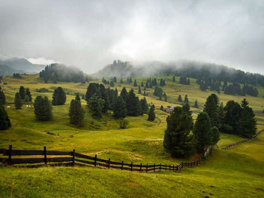 Dolomiten-Durchquerung durch die Seiser Alm und das Rosengartenmassiv mit Wanderung von der Langkofelhütte zur Grasleitenpasshütte bei Regen, Nebel und alpiner Berglandschaft