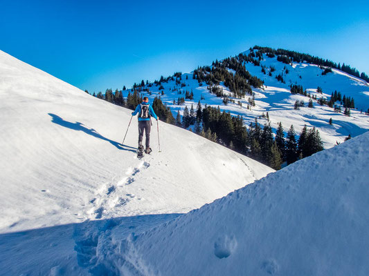 Abwechslungsreiche Schneeschuhtour in den Allgäuer Alpen - hinauf auf's Bleicherhorn, Höllritzereck, Ostertalberg und Tennenmooskopf.