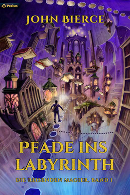 Buchcover "Pfade ins Labyrinth": Surreale Szene mit einem Mann, der auf einem Pfad aus leuchtenden Fußabdrücken durch ein labyrinthartiges, von Büchern und Laternen gesäumtes Gebäude geht.