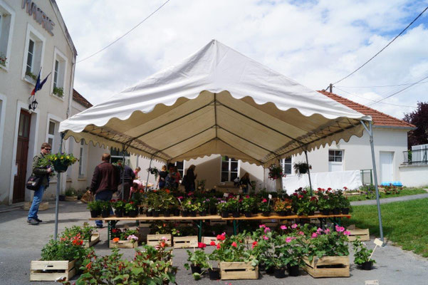Monthurel. Un large choix de fleurs et plants à repiquer est proposé aux visiteurs dans la cour de l'école.
