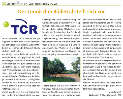 Artikel in der Q1 Ausgabe 2017 der Zeitschrift "sachsen tennis" des Sächsischen Tennisverbands