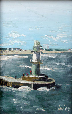 Leuchtturm an der Mole, 1999, 20 x 30 cm, Öl auf Leinwand