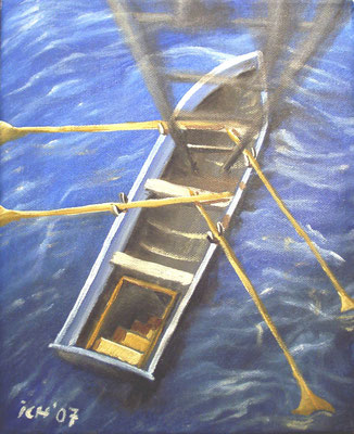 Lebensboot, schwebend im 3D-Raum, 2007, 30 x 40 cm, Öl auf Leinwand