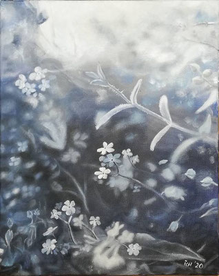 Blüten in blau, 2020, 40 x 50 cm, Öl auf Leinwand