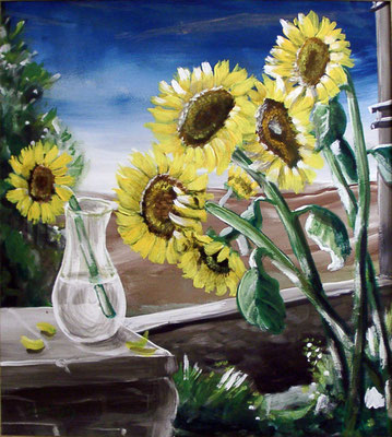 Sonnenblumen mit Glasvase, 2004, 72 x 64, Acryl auf Hartfaser