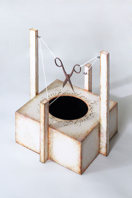 A Persian poem, 2011, 22 x 22 x 30 cm, Assemblage, acrylic, wood, rope and scissors