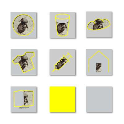 Yellow and Gray, 2011, nine times 20X20cm, Mixed media Painting and photography