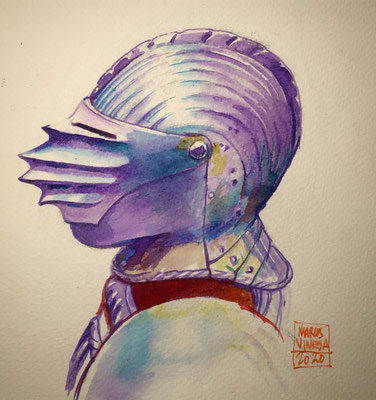 Casque. Pour Inktober 2020. Aquarelle papier. 15x15cm.