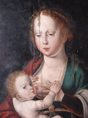 Détail,huile sur panneau de bois "vierge à l'enfant" attribuée à Van Orley avant nettoyage et dévernissage
