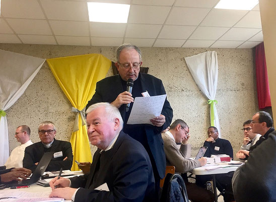 Remontée des ateliers : le P. Philippe Caratgé, ancien modérateur de l’Association Jean-Marie Vianney (Ars) et prêtre à Lisieux, s’exprime au nom de son groupe.