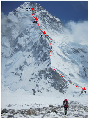 Die Nordpfeiler-Route mit allen 4 Hochlagern © Ralf Dujmovits