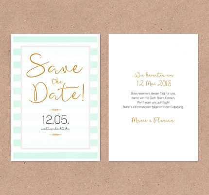 Save the Date Karte (Juhu Papeterie, Karlsruhe, Deutschland, Sorbet, mint, peach, rosa, gold, modern, elegant)