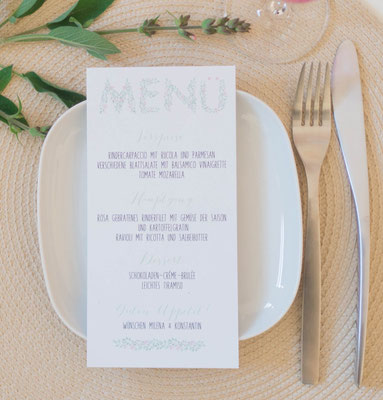 Menükarte (Pocketfold Einladung, Hochzeitseinladung, mint, berry, Kraftpapier, Hochzeitsset, Juhu Papeterie)