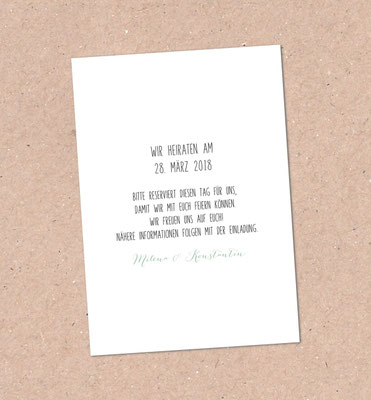 Rückseite Save the Date (mint, mit Kalender, individuell, berry, vintage,  Hochzeitsset, Hochzeitseinladung)