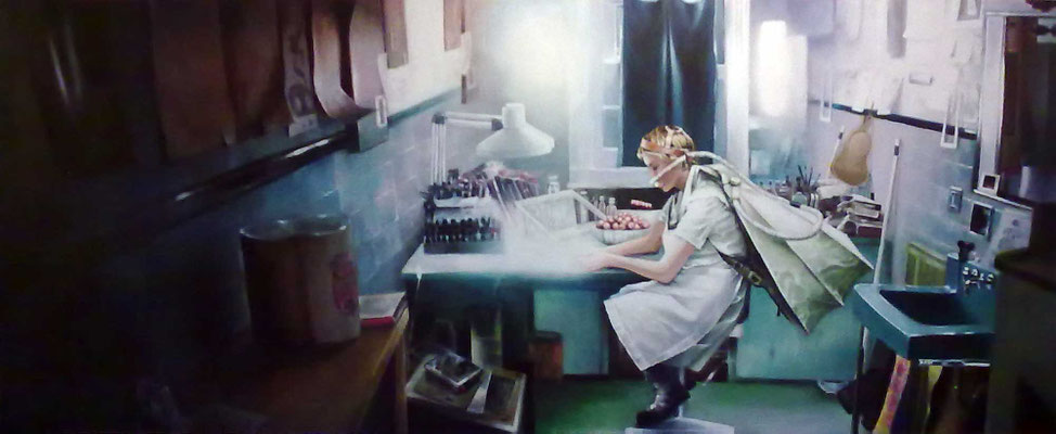 Von dem Tage aber und der Stunde weiss niemand<br />2010<br />Acryl auf Baumwolle<br />245 x 100 cm