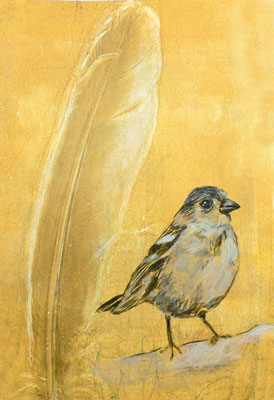 Feder gedruckt mit dem GelliPrinverfahren, Vogel in Acryl gemalt