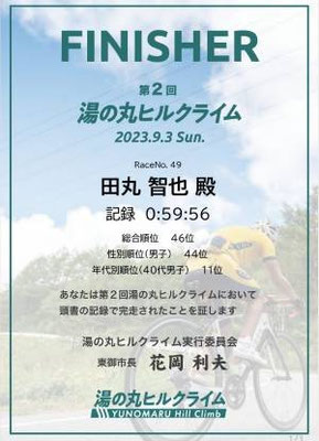湯の丸ヒルクライム完走証