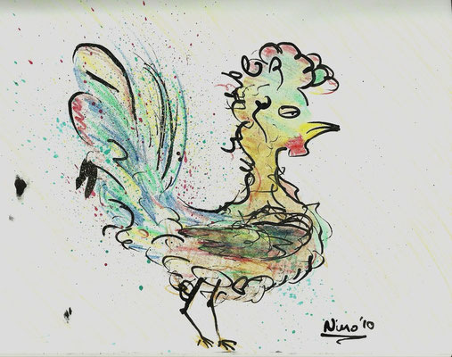 "Hahn" - Rohrfeder und Aquarellstift - 2010