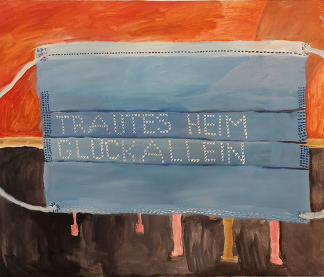 Eva Hradil "Himmelblau I" oder "Trautes Heim" 2020, Eitempera auf Halbkreidegrund auf Leinwand, 110 x 130 cm