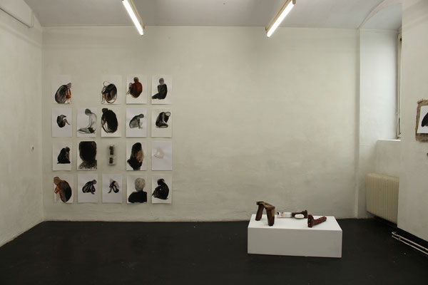 SKIN/SKIM Eva Hradil - sculptures, Jenny Lundgren - ink on paper, basement, Vienna