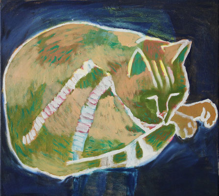 Eva Hradil "Chefin" oder "Grüne Katze" 2023, Eitempera auf Halbkreidegrund auf Leinwand, 45 x 50 cm