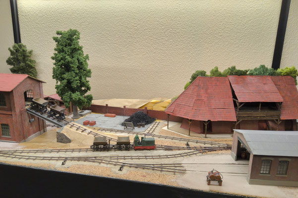 Links das Pressenhaus mit Rampe zur Entladung, dahinter Kohlen- und Fertigwaren-Lagerplatz.