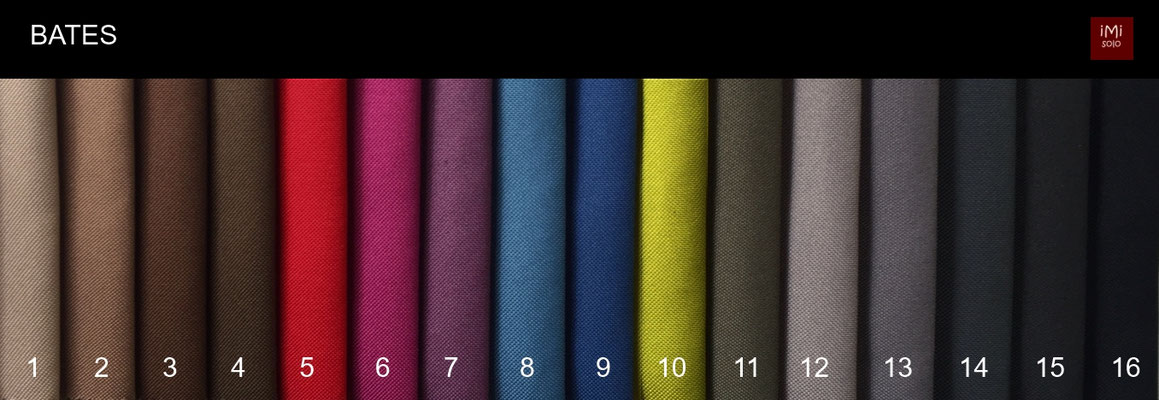 01- Beige,02- Dunkelbeige,03- Hellbraun,04- Dunkelbraun,05- Rot,06- Beere,07- Lila,08- Chinablau,09- Kobaltblau,10- Hellgrün (Senf),11- Olivegrün,12- Grau,13- Dunkelgrau,14- Graphit,15- Anthrazit,16- Schwarz