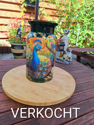 Vaas pauwen, reverse decoupage  VERKOCHT