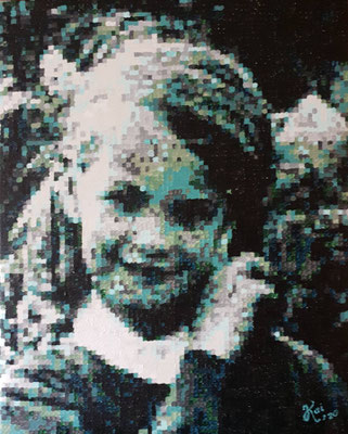 Zelfportret, acryl pixelart, 40 x 50 cm. PRIVE-COLLECTIE