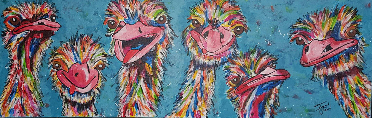 Vrolijke struisvogels, acrylic 40-120 cm.