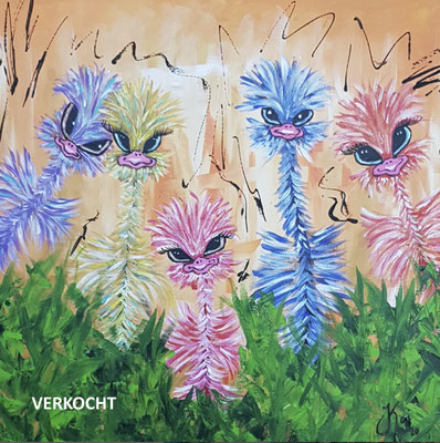 Grappige struisjes, acryl 50 x50 cm. VERKOCHT