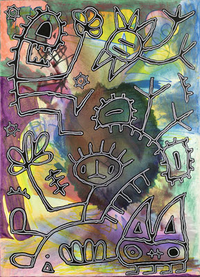 Wegfindungsstörungen und Stolperfallen, Acryl und Collage auf Karton, 70 x 50 cm, 2024