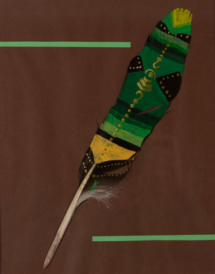 Feder in Grün, Acryl auf Vogelfeder, 32 x 26 cm, 2021