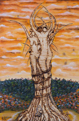 ohne Titel, Mischtechnik / Holzbrand / Acryl auf Holz, 80 x 50 cm, 2024