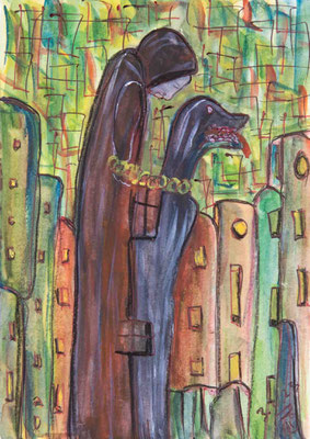 The Dog, Aquarell/Farbstifte auf Papier, 14.5 x 10.5 cm, 2023
