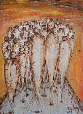ohne Titel, Mischtechnik / Holzbrand / Acryl auf Holz, 80 x 50 cm, 2024