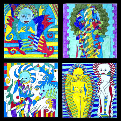 Ohne Titel, Filzstift auf Papier auf MDF, 28.5 x 28.5 cm, 2025