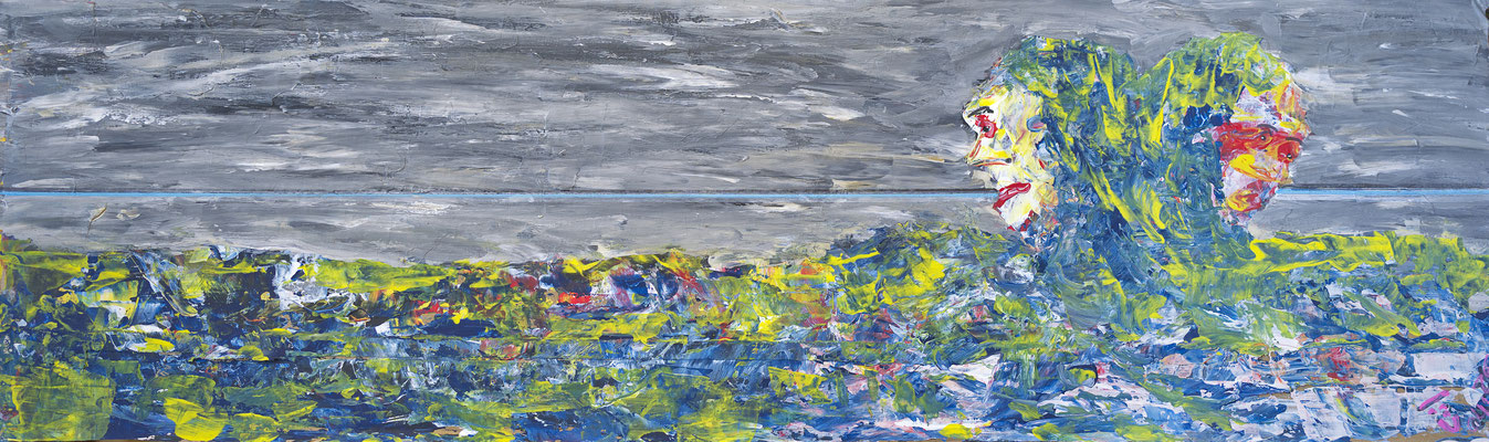 Les naissances du tourment, Acryl / Mischtechnik auf Karton, 23.4 x 76.8 cm, 2026