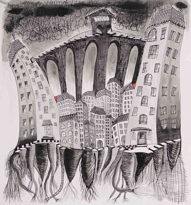 Geglückte Überfahrt, Mischtechnik Tusche/Collage auf Papier, 65 x 61 cm, 2024