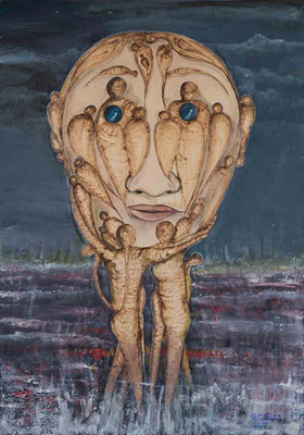 ohne Titel, Mischtechnik / Holzbrand / Acryl auf Holz, 84 x 59.5 cm, 2025