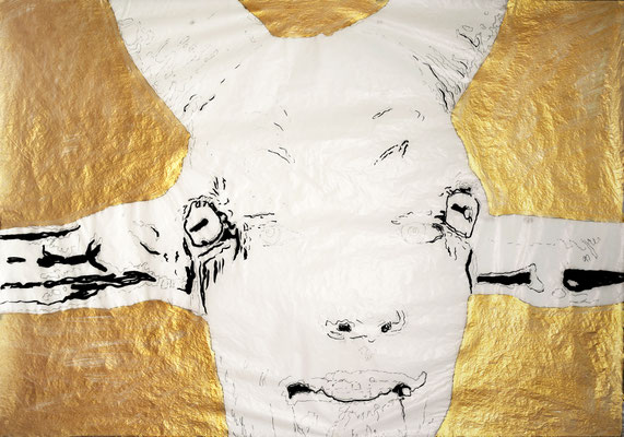 Gehörnte, Tinte auf Seidenpapier, 98 x 140 cm, 2024