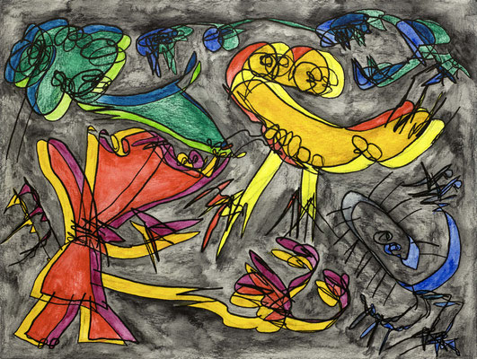 El ruiseñor y la noche, Aquarell-Farbstift und Tuschestift auf Papier, 24 x 32 cm, 2024