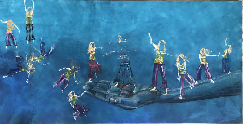 Du kannst nicht tiefer fallen als nur in Urgrunds Hand, Acryl und Wachskreide auf Holz.,75 x 149 cm. 2024
