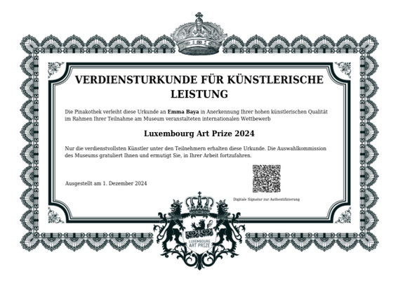 Verdiensturkunde für künstlerische Fähigkeiten, Luxembourg Art Prize 2024, ausgestellt durch Museum Pinothek