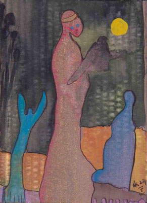 L'oiseaux patient, Aquarell/Metallfarben auf Karton, 12 x 9 cm, 2023