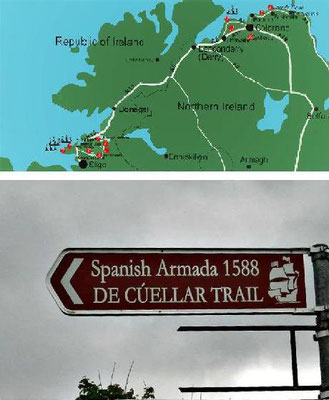 Mapa de la Ruta de Cuellar en Irlanda i senyal d'este cami en Grange.