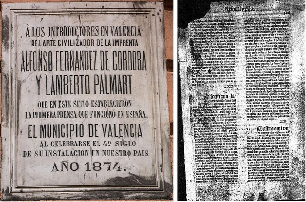 L'imprenta de Lambert Palmar i la pàgina original que es conserva en la Hispanic Society de Nova York.